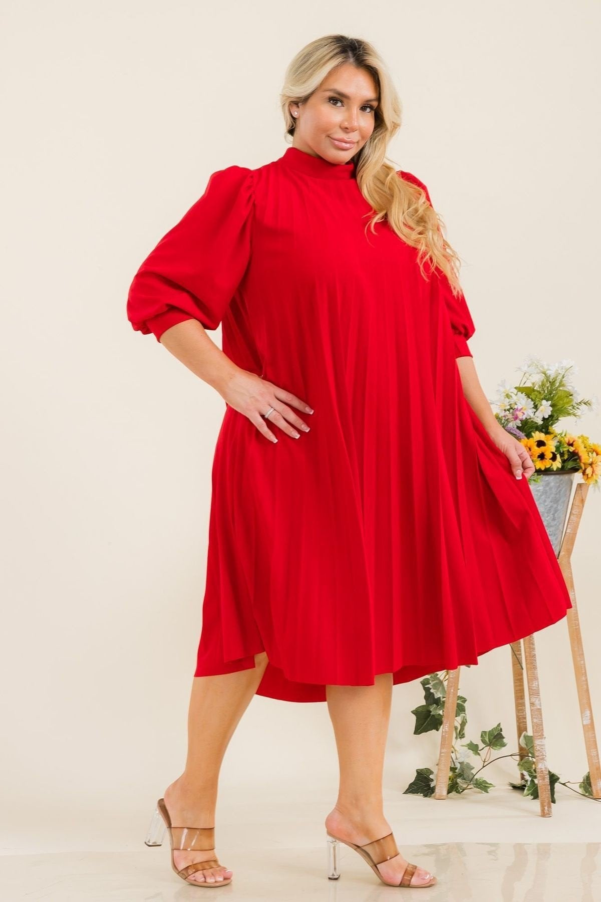 Plus Size Bishop Sleeve Pleated Knee Dress with Bow Tie Back