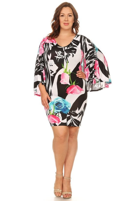 Plus Size Cape Detail Floral printed V-Neck Bodycon Dress Made in USA
