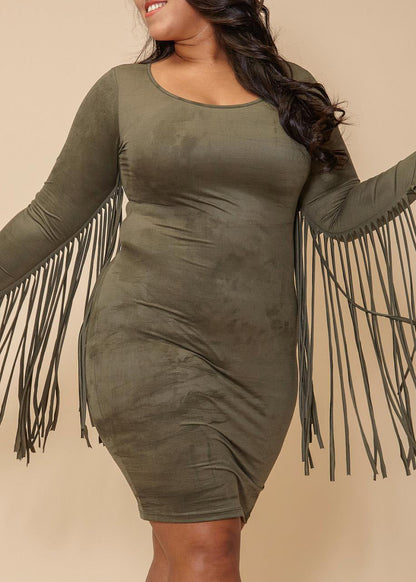 Plus Size Faux suede Classy Cocktail Fringe Dress