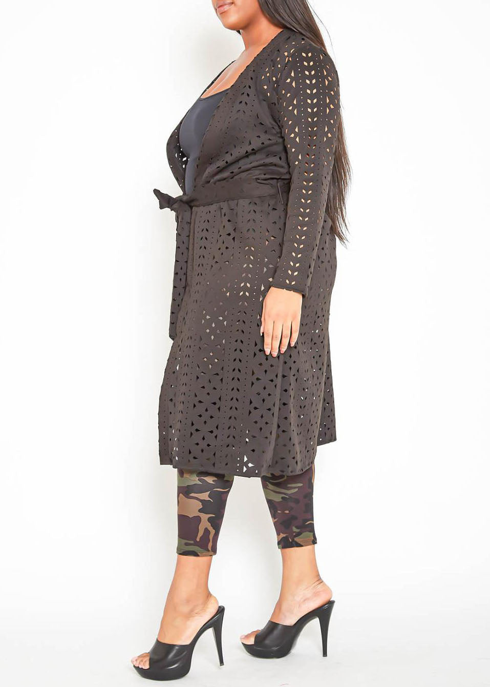 Plus Size Geometric Keyhole Designed Longline Cardigan