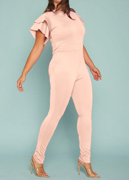 Plus Size Mock Neck Ruffled Short Sleeves Banded Waist Zipper Closure Back Jumpsuit