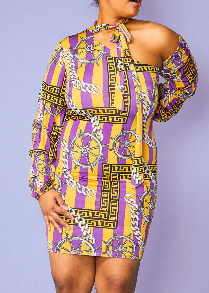 Plus Size Multi Stripe Print One Shoulder Bodycon Dress Mustard