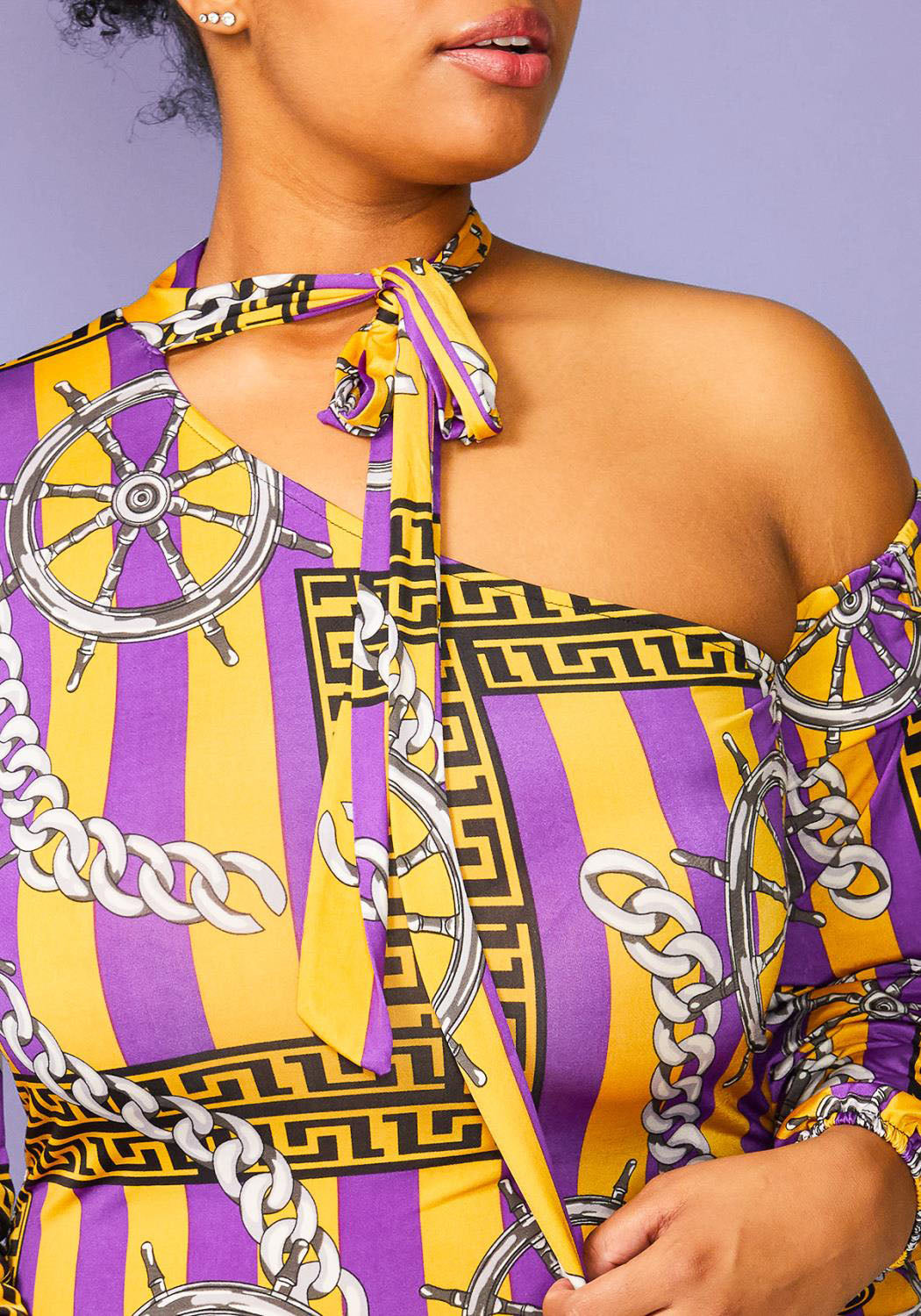 Plus Size Multi Stripe Print One Shoulder Bodycon Dress Mustard