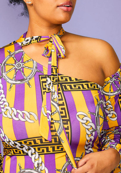 Plus Size Multi Stripe Print One Shoulder Bodycon Dress Mustard