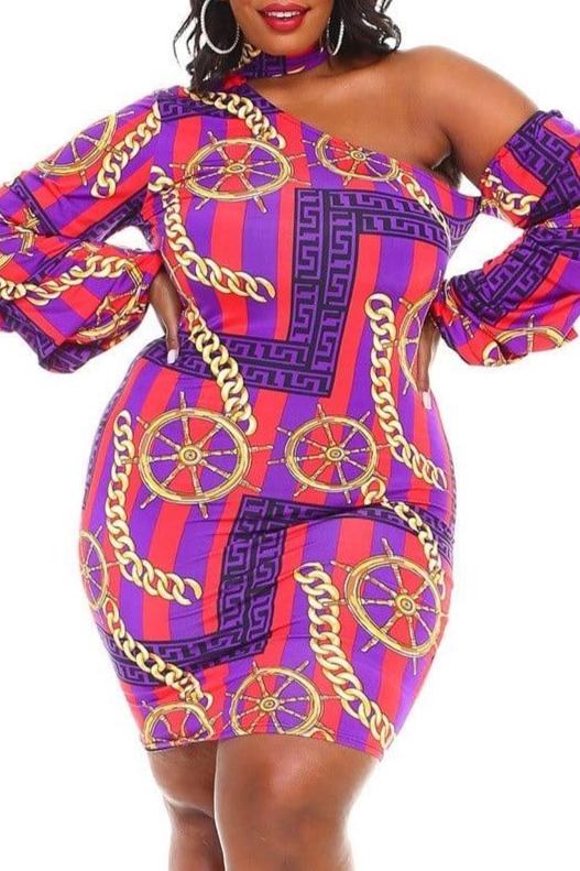 Plus Size Multi Stripe Print One Shoulder Bodycon Dress 