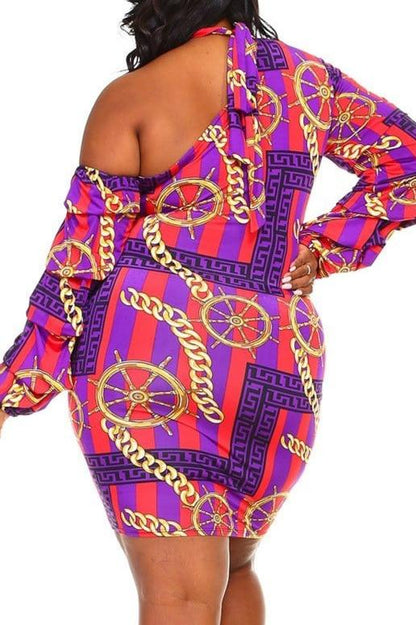 Plus Size Multi Stripe Print One Shoulder Bodycon Dress 