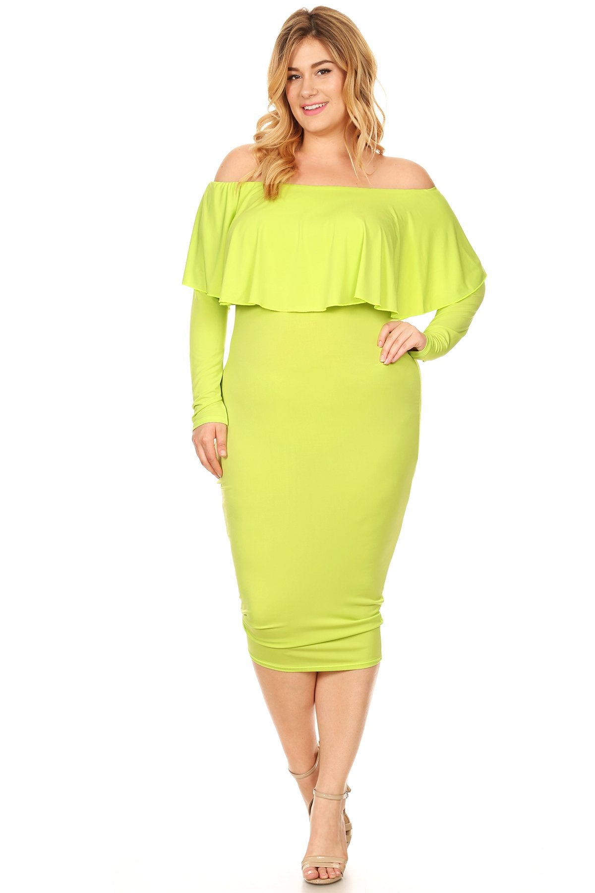Plus Size Off Shoulder Ruffle Bodycon Midi Party Dress Made in USA