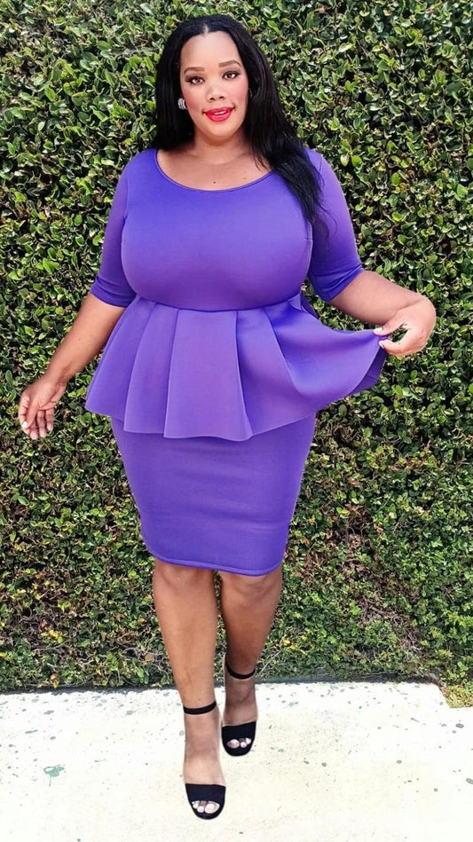 Plus Size Scuba Round  Neck Ruff Hem Peplum Knee Dress