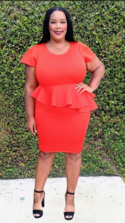 Plus Size Short Sleeves  Asymmetric Ruffled Hem Peplum Midi Dress Zipper Back