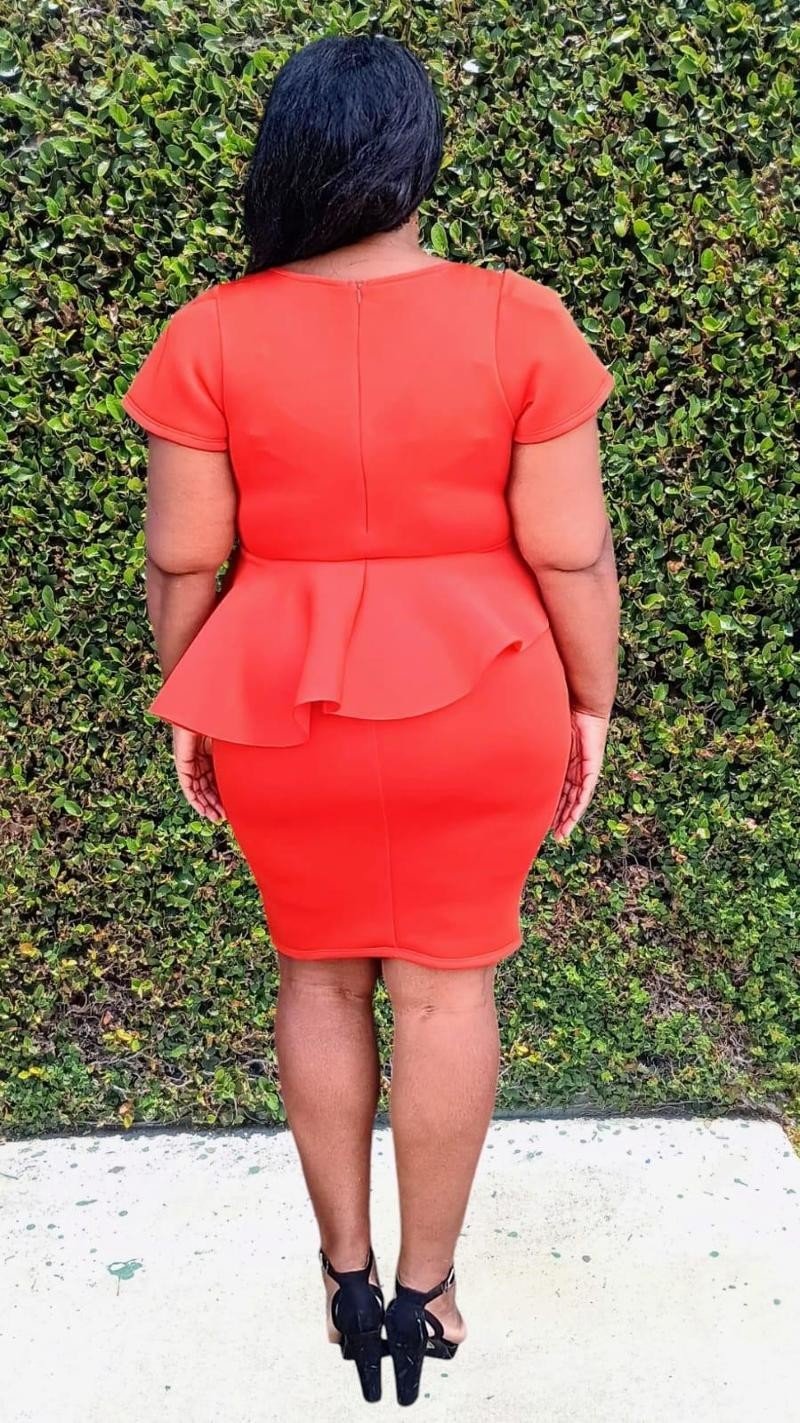 Plus Size Short Sleeves  Asymmetric Ruffled Hem Peplum Midi Dress Zipper Back