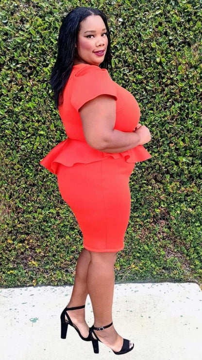 Plus Size Short Sleeves  Asymmetric Ruffled Hem Peplum Midi Dress Zipper Back