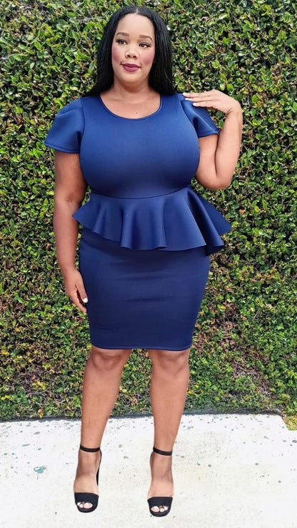 Plus Size Short Sleeves  Asymmetric Ruffled Hem Peplum Midi Dress Zipper Back