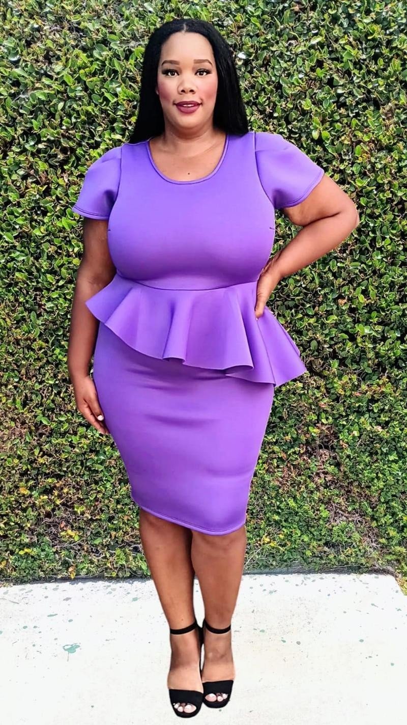 Plus Size Short Sleeves  Asymmetric Ruffled Hem Peplum Midi Dress Zipper Back