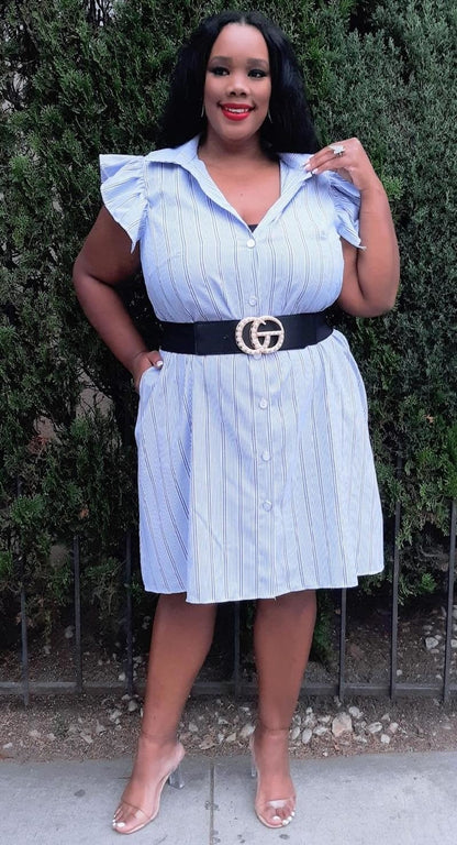 Plus Size  Striped with Ruffled Details Buttons Down Dress