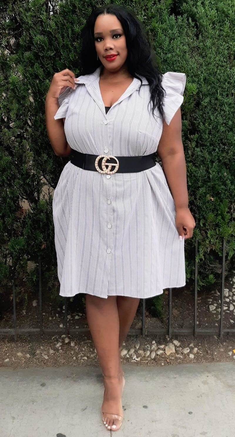Plus Size  Striped with Ruffled Details Buttons Down Dress
