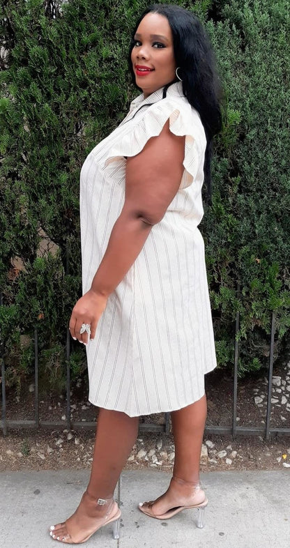 Plus Size  Striped with Ruffled Details Buttons Down Dress