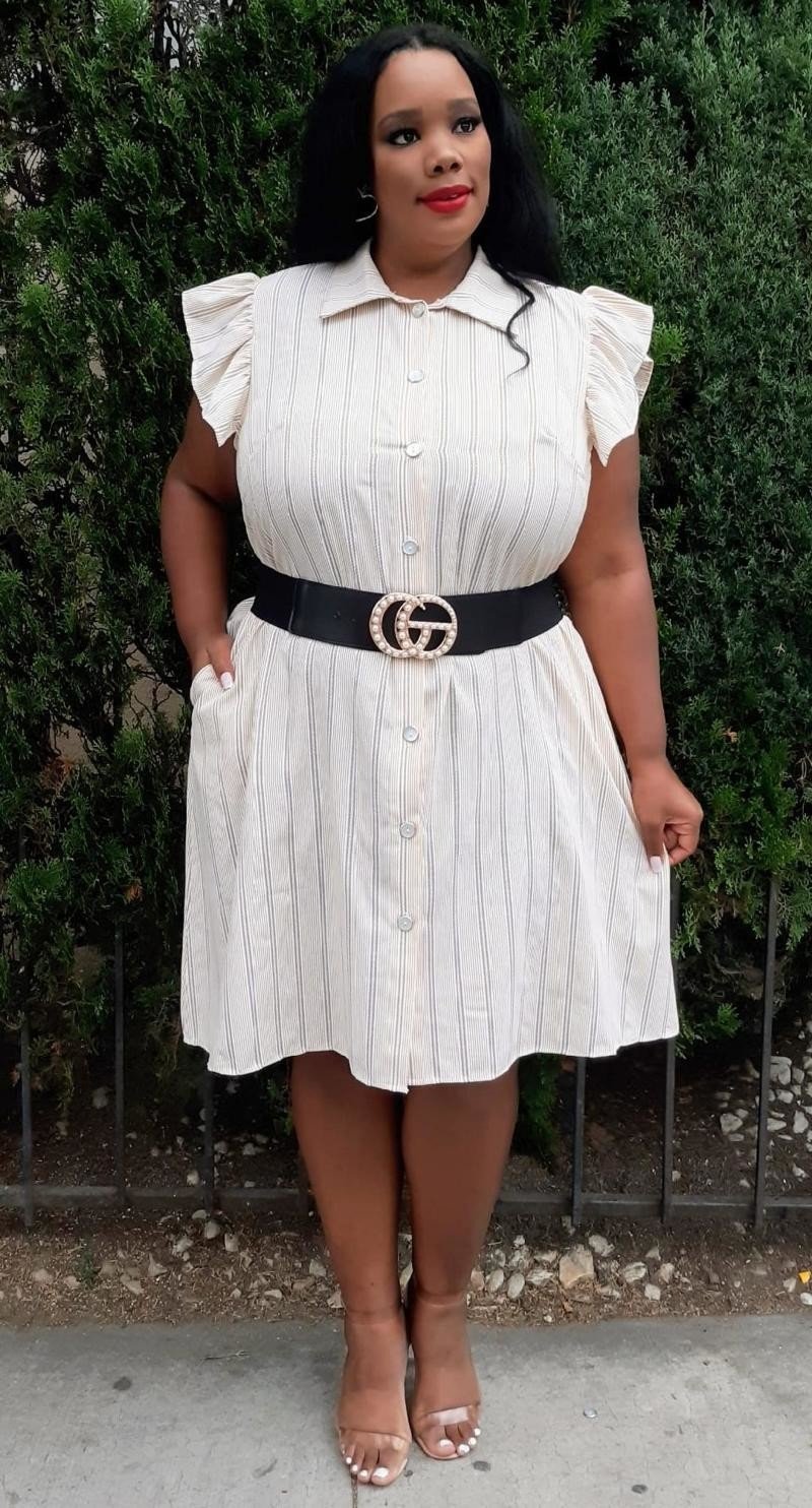 Plus Size  Striped with Ruffled Details Buttons Down Dress