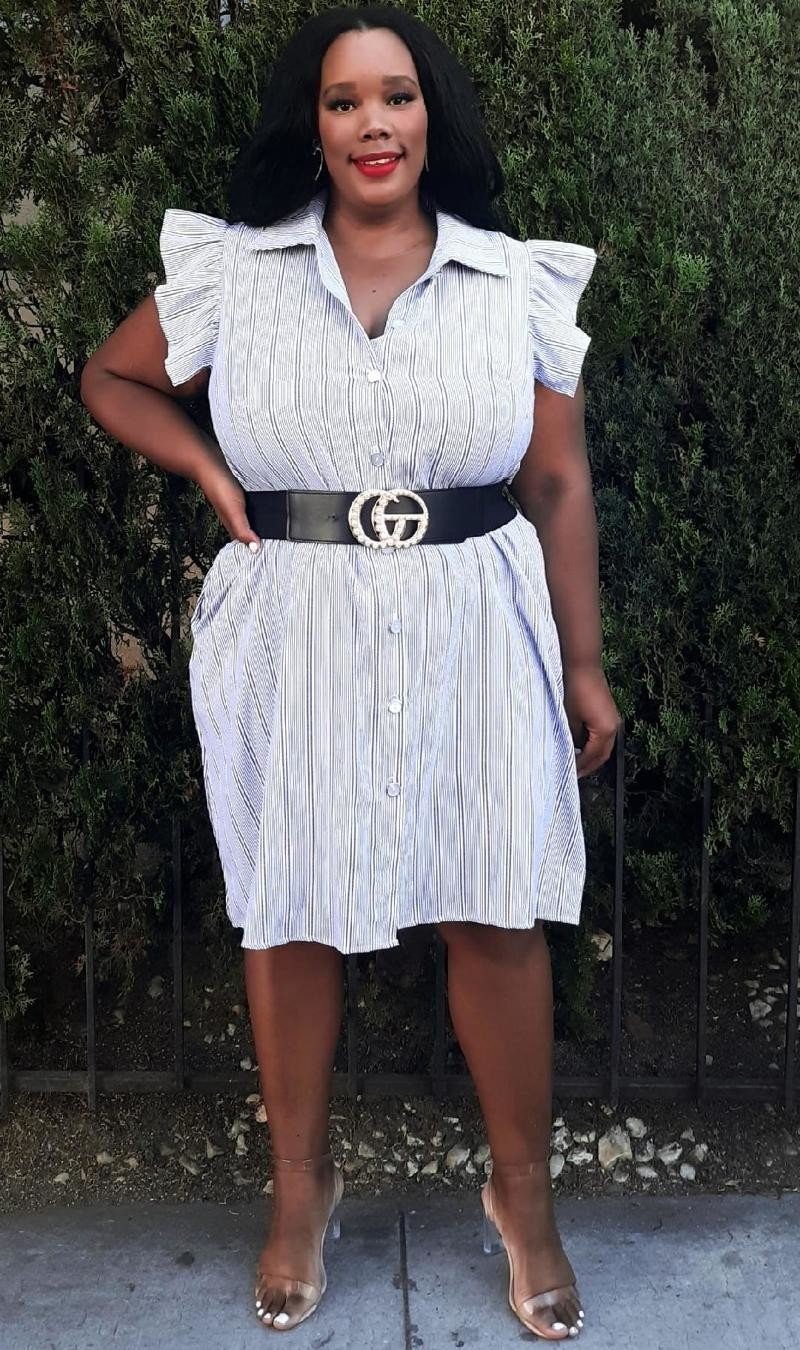 Plus Size  Striped with Ruffled Details Buttons Down Dress