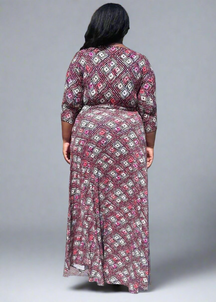 Plus Size Unique pattern loose Fit Pleats Flare Maxi Dress with Pockets