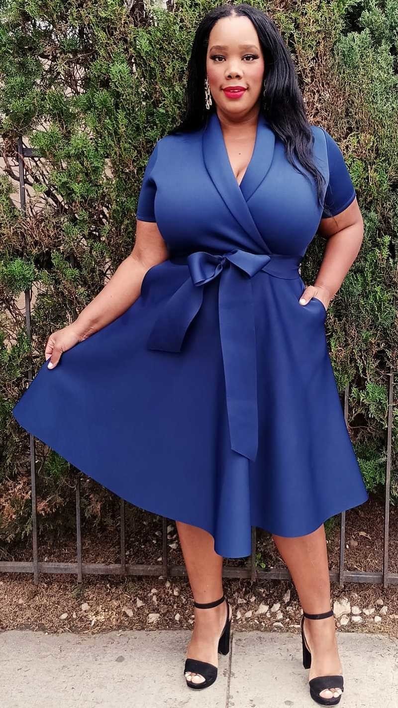 Plus Size Wrap Front Midi Dress with Belt and Pockets 