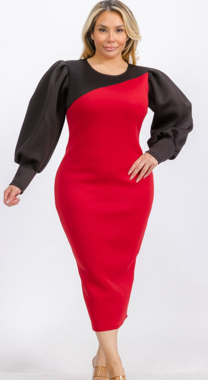 Plus Size Bishop Sleeves Smocked shoulder Two Tone Bodycon Dress