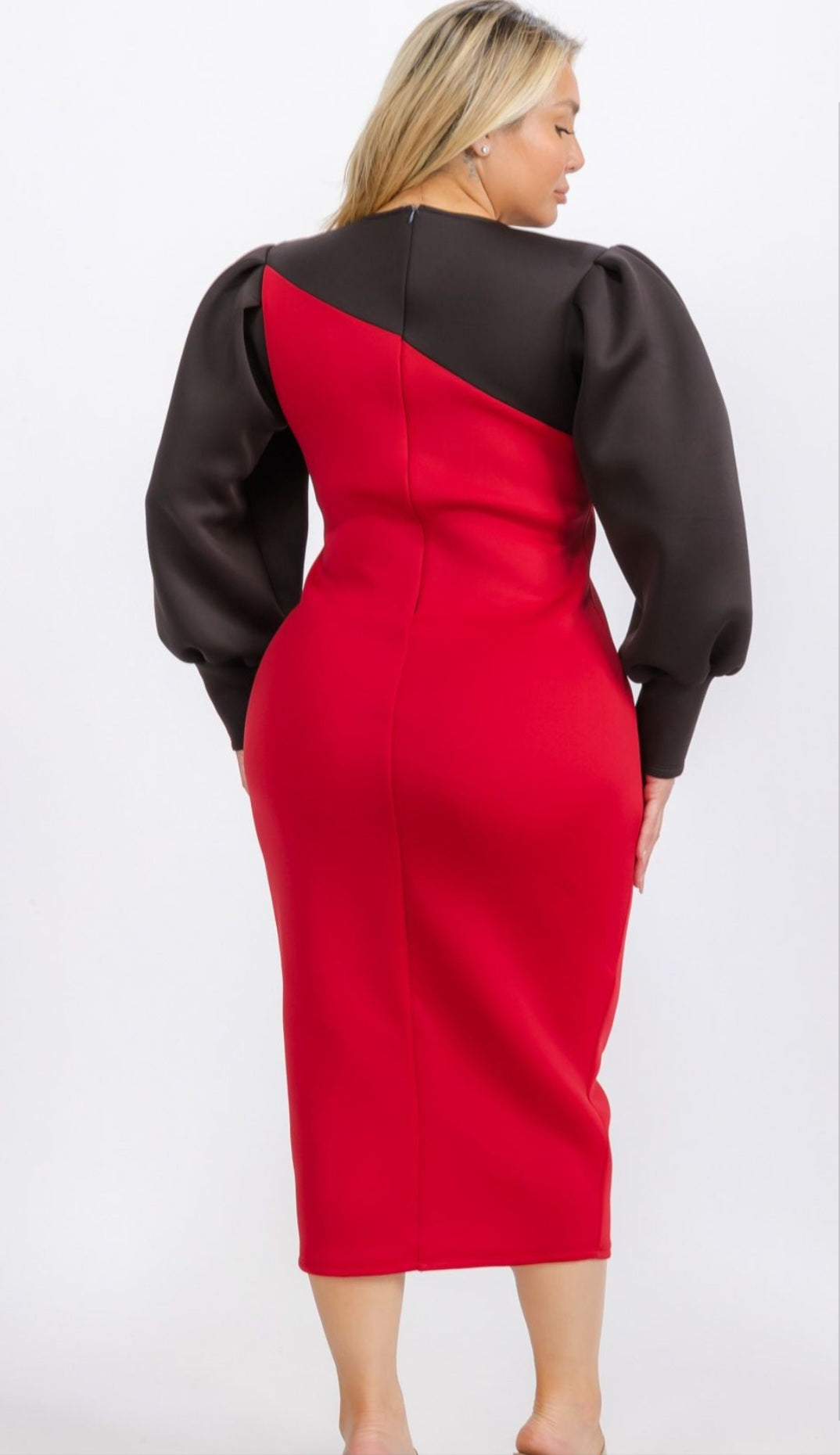 Plus Size Bishop Sleeves Smocked shoulder Two Tone Bodycon Dress