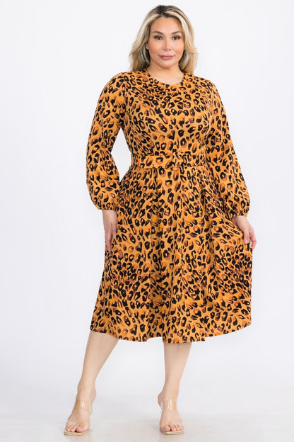 Plus Size Animal Skin Bishop Sleeves Sleeves Midi Dress with Belt