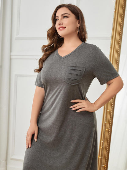 Hi Curvy Plus Size Women Pocketed V-Neck Short Sleeve Lounge Dress