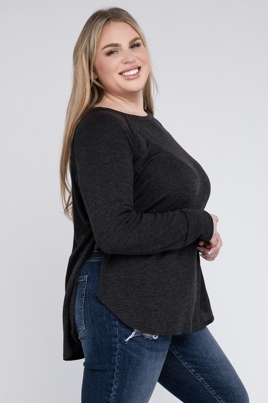 Plus Size Melange Baby Waffle Long Sleeve Top