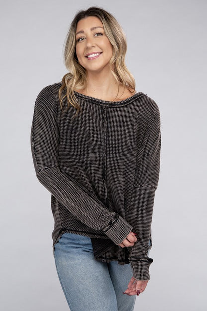 Plus Size Washed Baby Waffle Oversized Long Sleeve Top