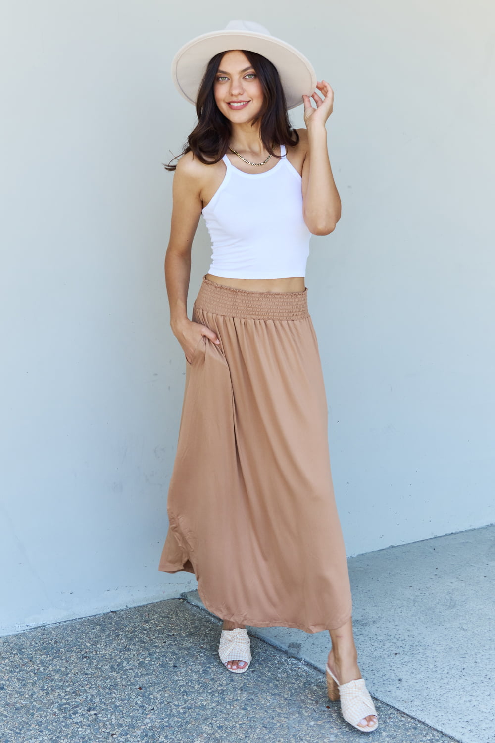 Full Size High Waist Scoop Hem Maxi Skirt in Tan