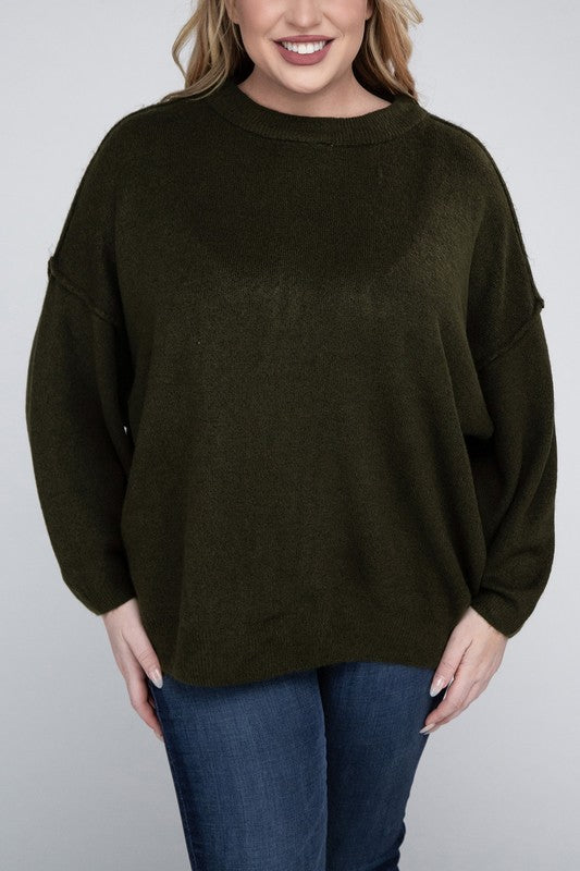 HI Curvy Plus Size Women Oversized Round Neck Raw Seam Melange Sweater