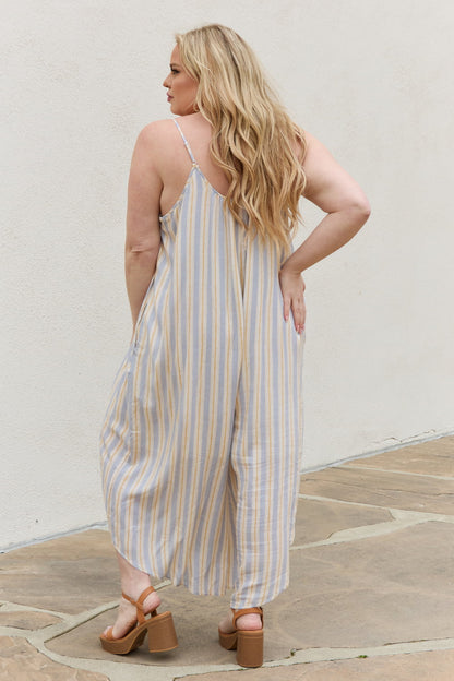 Full Size Multi Colored Striped Jumpsuit with Pockets