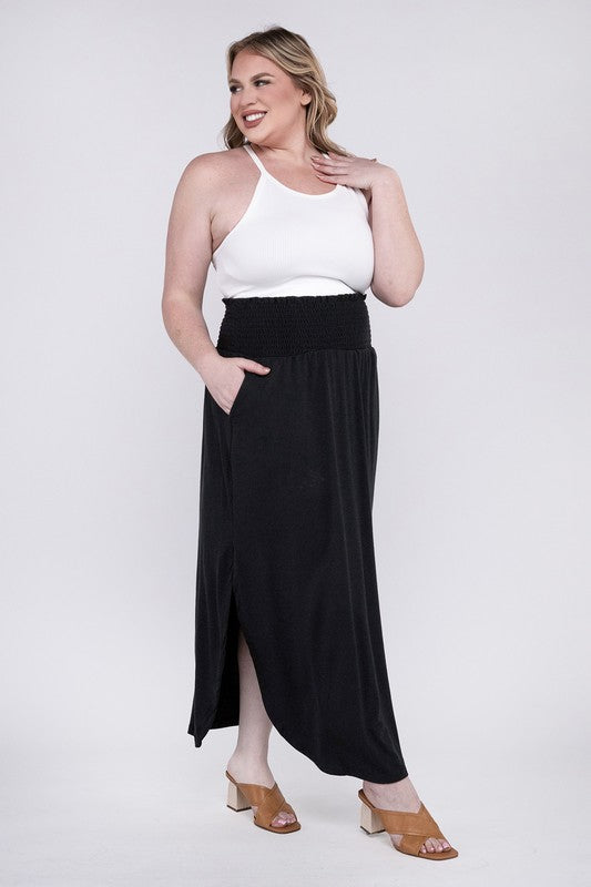 Hi Curvy Plus Size Women Smocked Waist Side Slit Maxi Skirt w/ Pockets