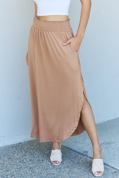 Full Size High Waist Scoop Hem Maxi Skirt in Tan