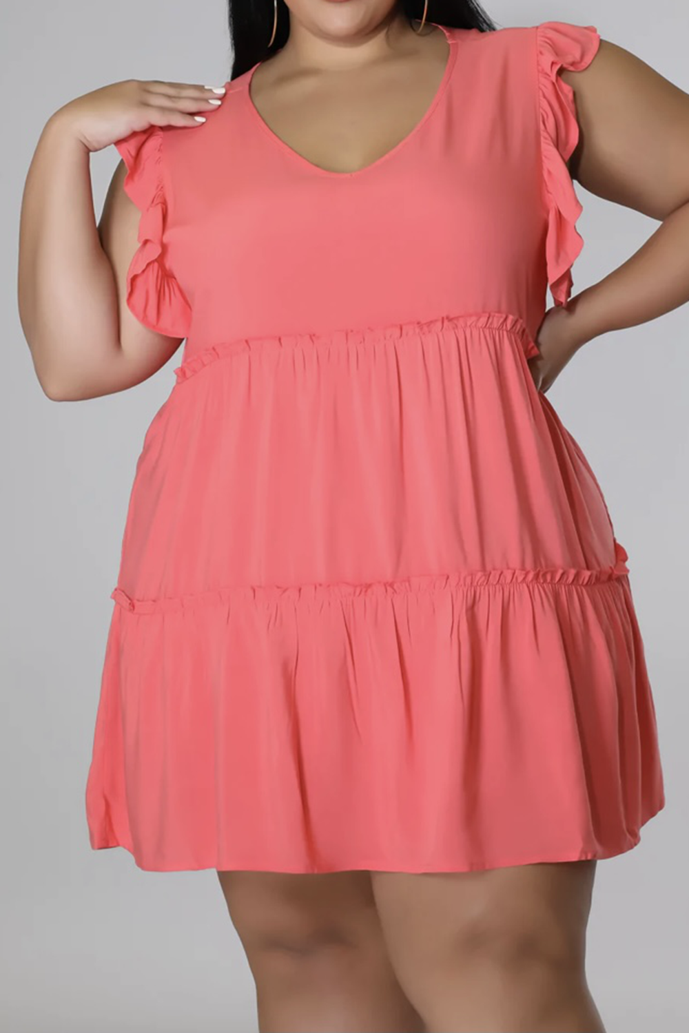 HI Curvy Plus Size Women V-Neck Frill Trim Mini Dress