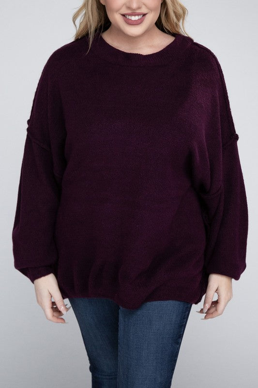 HI Curvy Plus Size Women Oversized Round Neck Raw Seam Melange Sweater