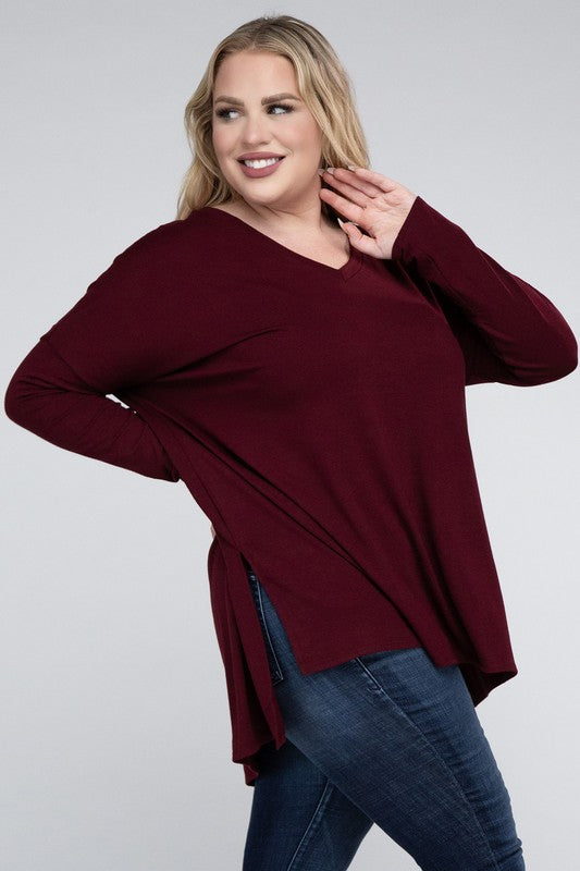 Hi Curvy Plus Size Women Dolman Sleeve V-Neck Side Slit Hi-Low Hem Top