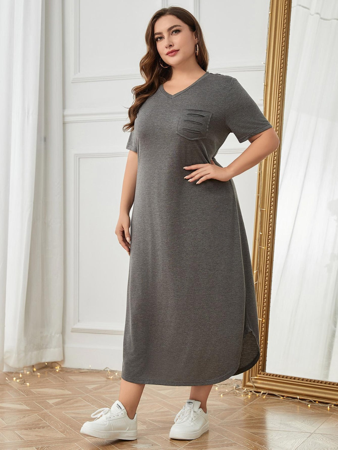 Hi Curvy Plus Size Women Pocketed V-Neck Short Sleeve Lounge Dress