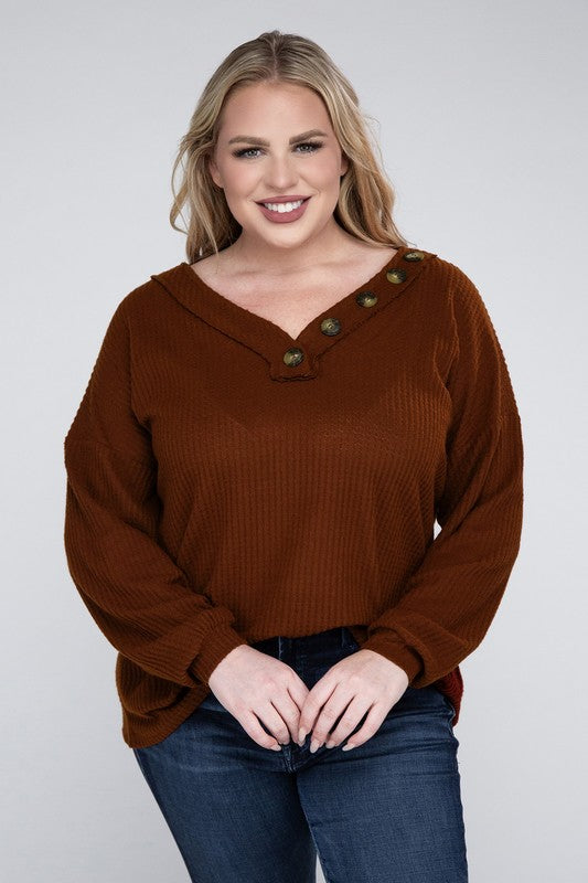 Hi Curvy Plus Size Women Brushed Waffle V-Neck Button Detail Sweater