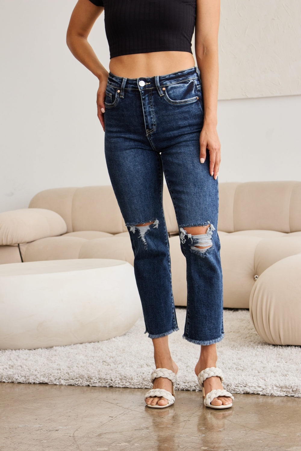 Full Size Tummy Control Distressed High Waist Raw Hem Jeans