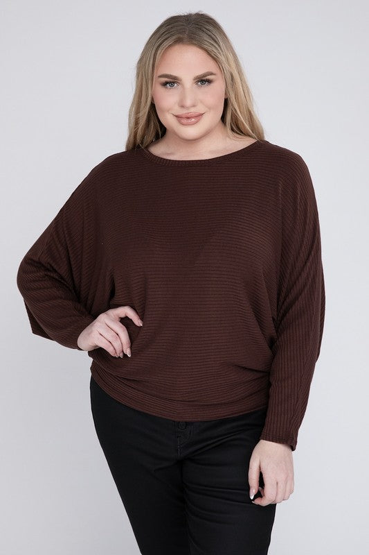 Hi Curvy Plus Size Women Ribbed Batwing Long Sleeve Boat Neck Sweater