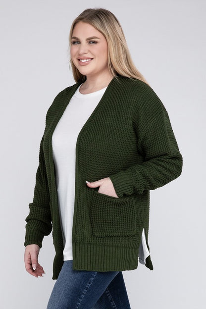 Hi Curvy Plus Size Women Low Gauge Waffle Open Cardigan Sweater