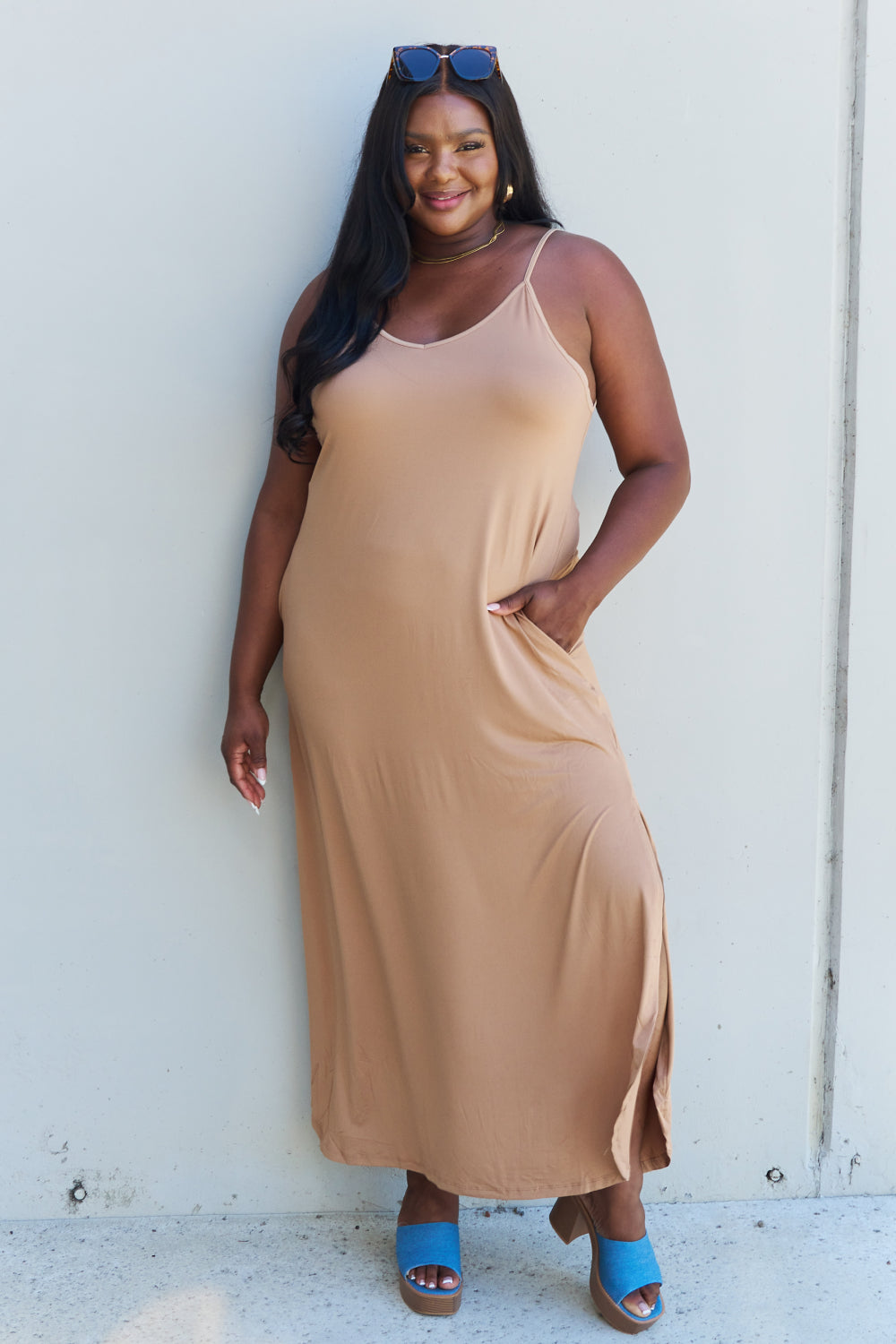 Plus Size Cami Side Slit Maxi Dress in Camel