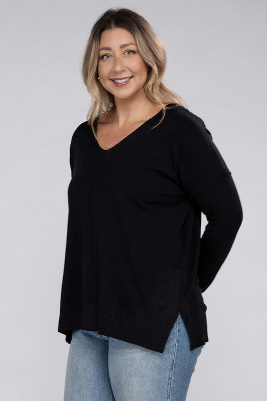 Hi Curvy Plus Size Women Garment Dyed Front Seam Sweater