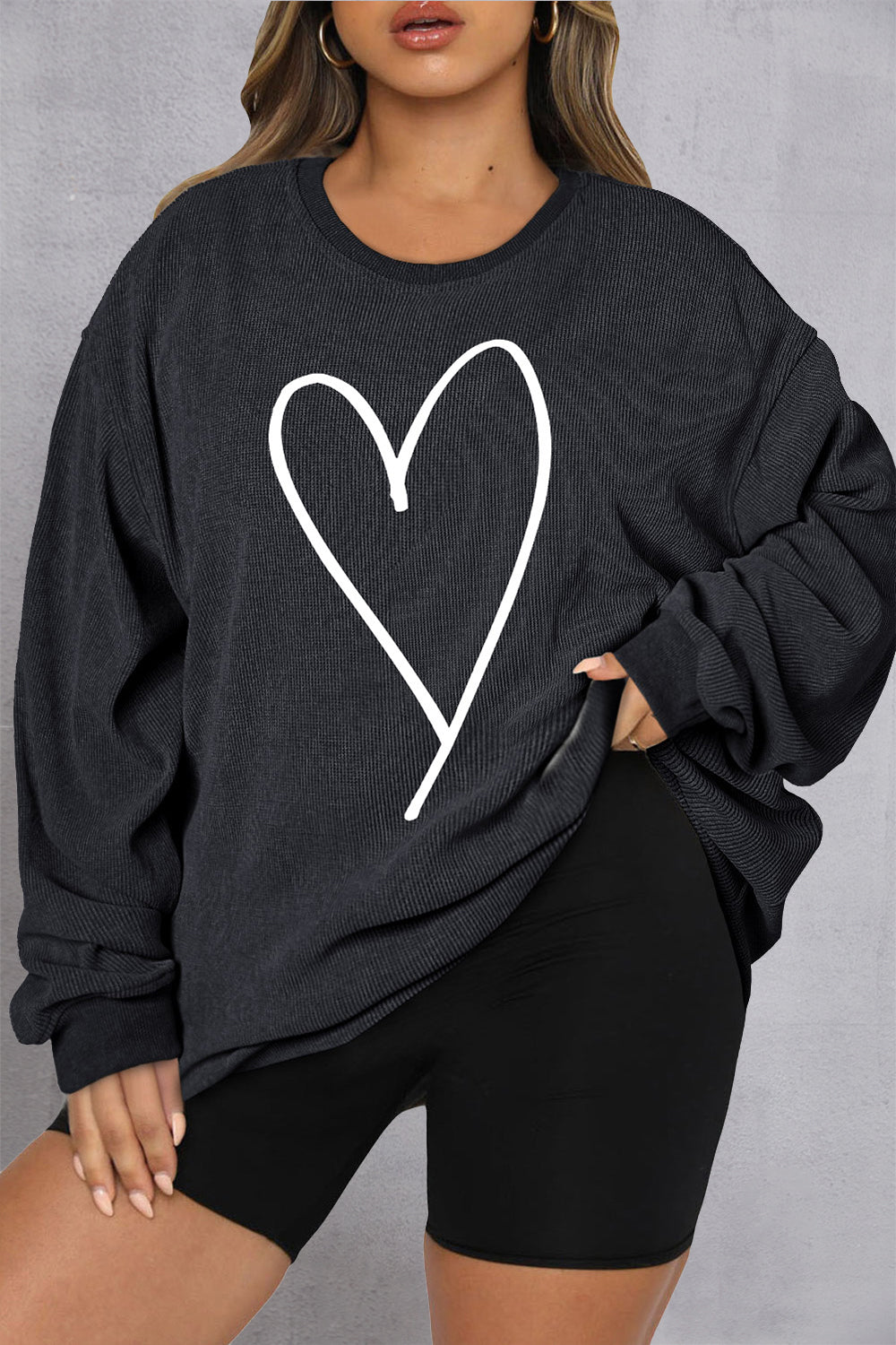 Hi Curvy Plus Size Women Heart Ribbed Round Neck Sweatshirt