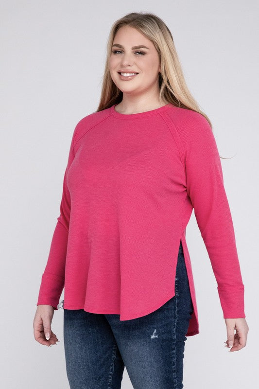 Plus Size Melange Baby Waffle Long Sleeve Top