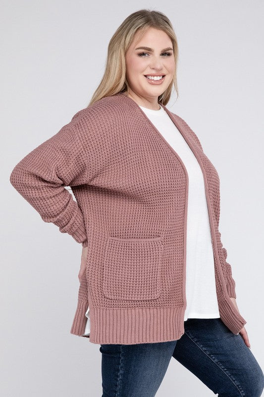 Hi Curvy Plus Size Women Low Gauge Waffle Open Cardigan Sweater