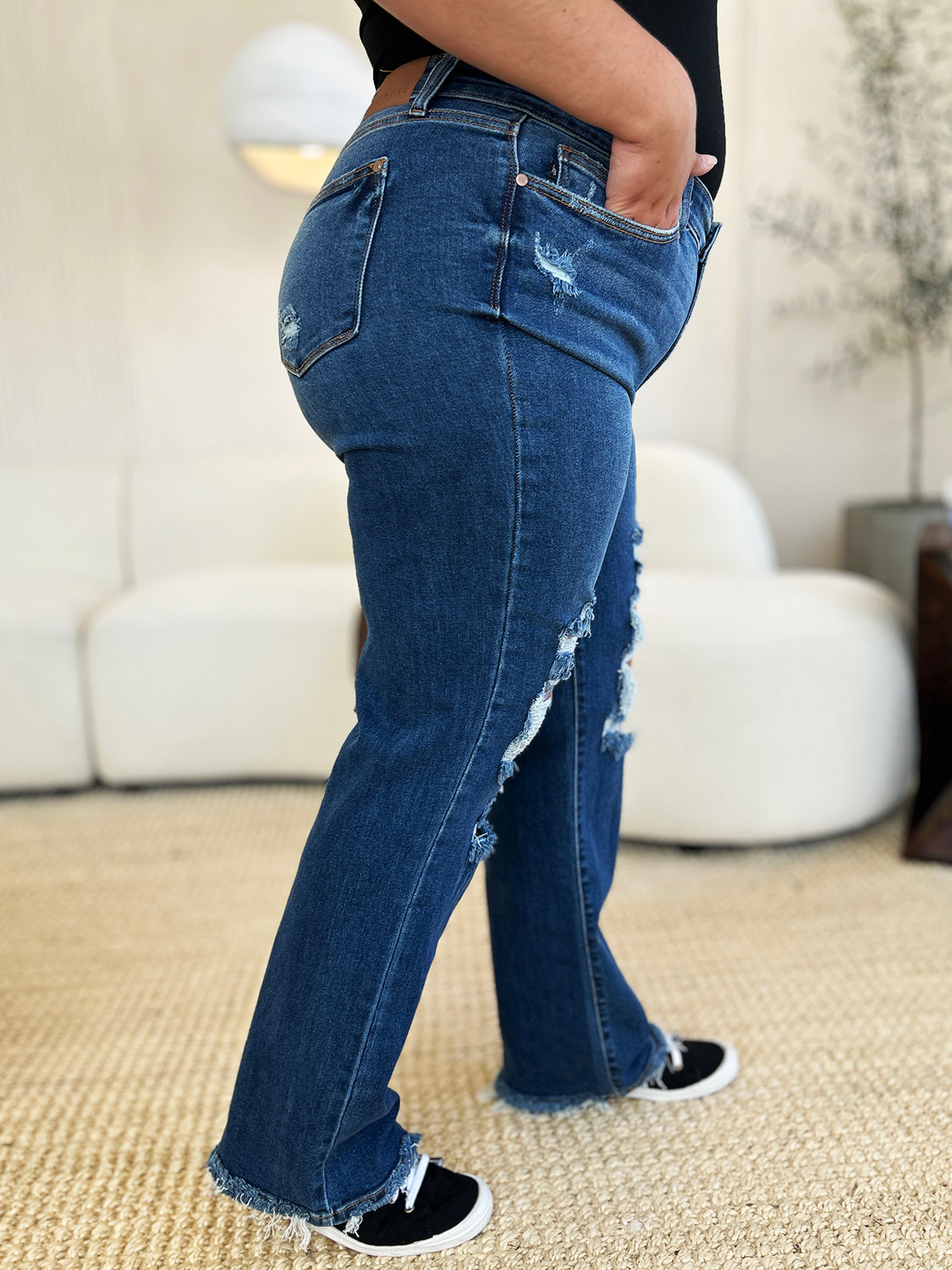 HI Curvy  Full Size Women Mid Rise Distressed Raw Hem Jeans