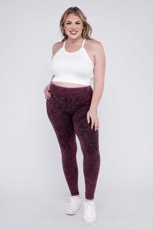 Hi Curvy Plus Size Women Mineral Washed Wide Waistband Yoga Leggings